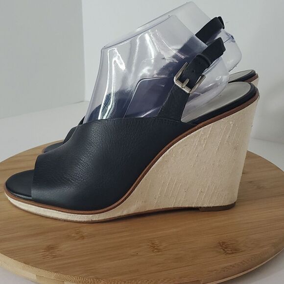 1. State Black Leather Genna Slingback Wedge Sandal Peep Toe Heel 10M - Picture 3 of 14